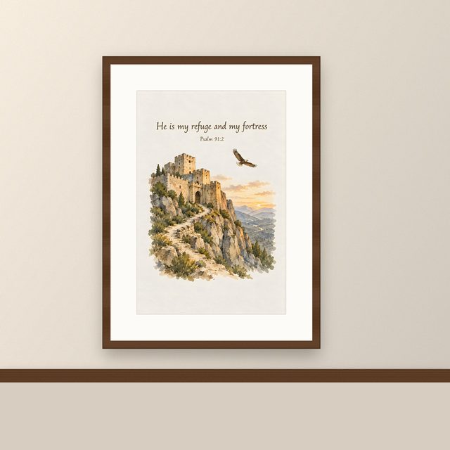 My Refuge and My Fortress, Psalm 91:2 watercolor print, framed on a wall