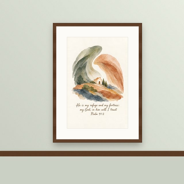 Sheltering Wings, Psalm 91:2 watercolor print, framed on a wall