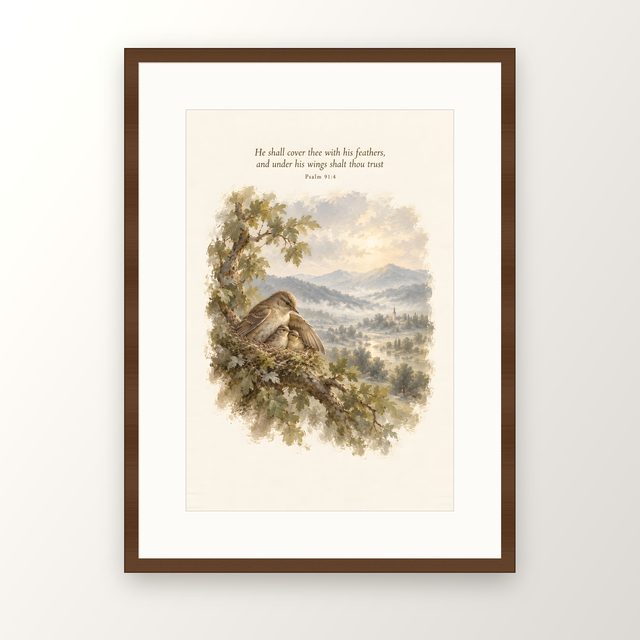 Mother Bird and Nest, Psalm 91:4 watercolor print, framed