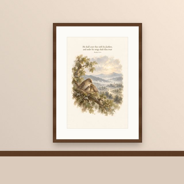 Mother Bird and Nest, Psalm 91:4 watercolor print, framed on a wall