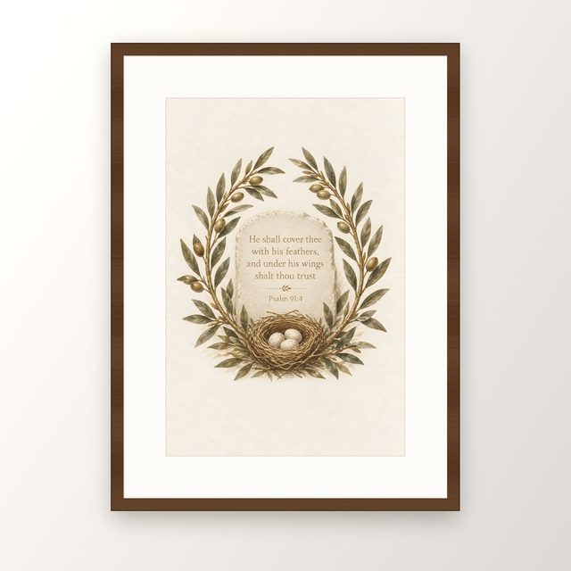 Olive Wreath and Nest, Psalm 91:4 watercolor print, framed