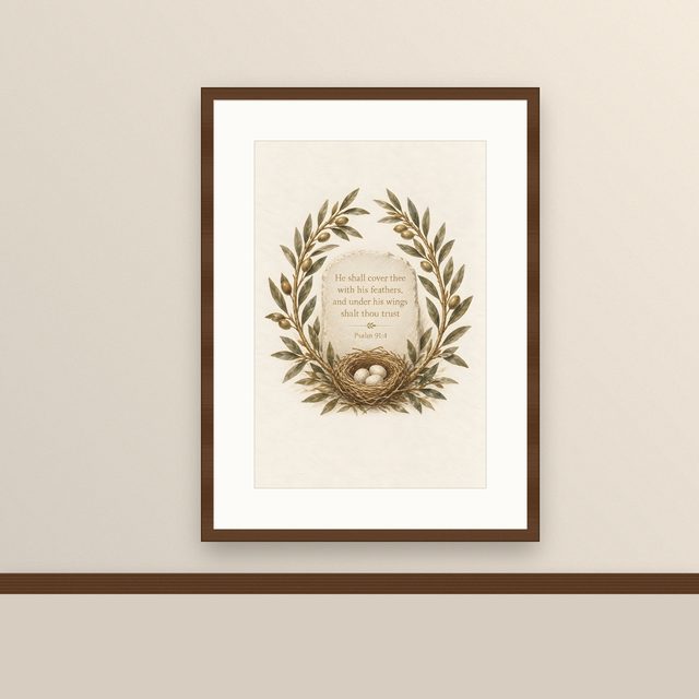 Olive Wreath and Nest, Psalm 91:4 watercolor print, framed on a wall