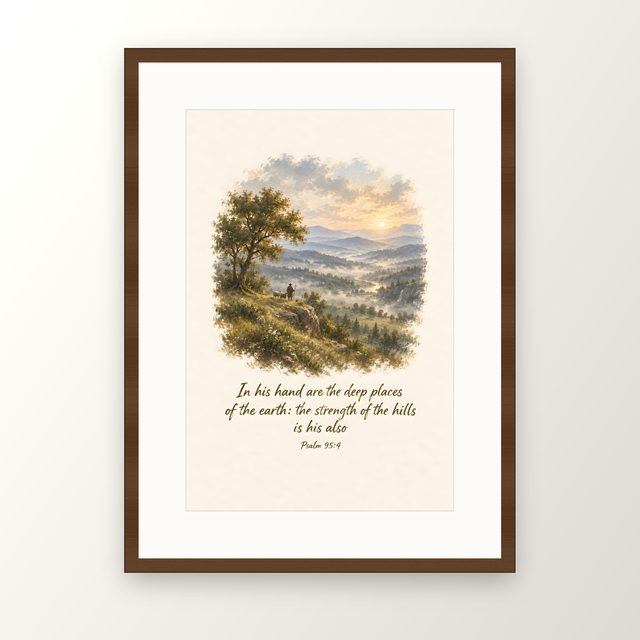 Shepherd Above the Valley, Psalm 95:4 watercolor print, framed