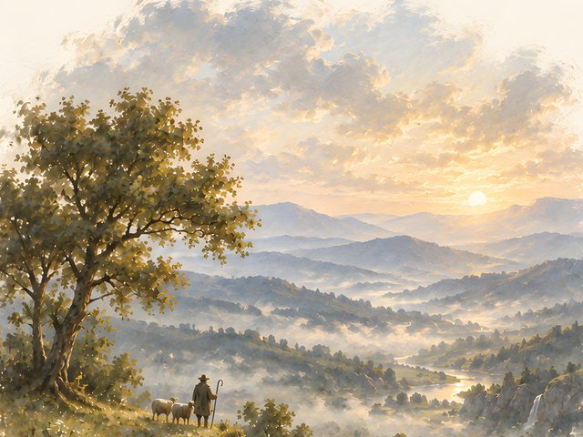 Shepherd Above the Valley, Psalm 95:4 watercolor print, close-up of the watercolor painting