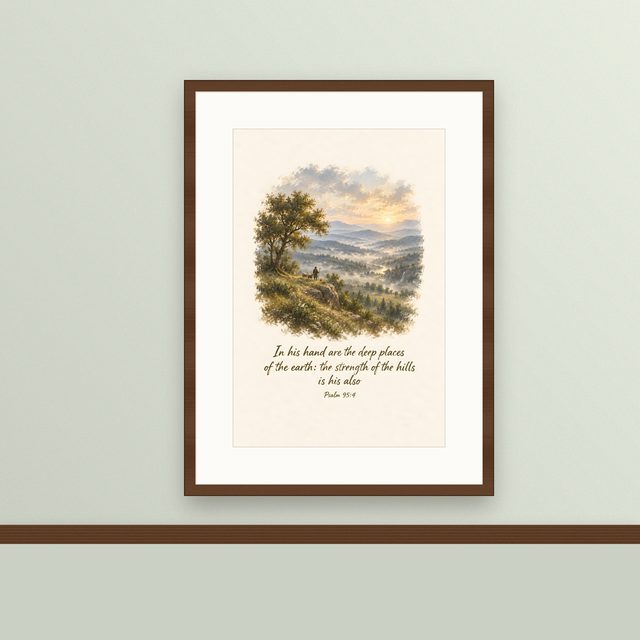 Shepherd Above the Valley, Psalm 95:4 watercolor print, framed on a wall