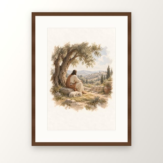 Resting Under the Olive, watercolor print, framed