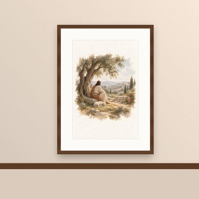 Resting Under the Olive, watercolor print, framed on a wall
