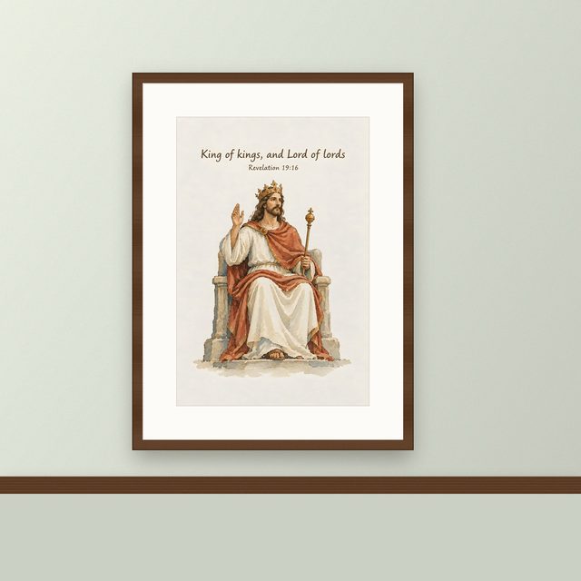 Christ the King, Revelation 19:16 watercolor print, framed on a wall