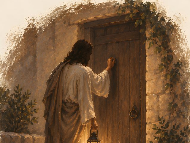 Jesus Knocking, Revelation 3:20 watercolor print, close-up of the watercolor painting