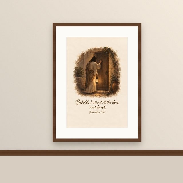 Jesus Knocking, Revelation 3:20 watercolor print, framed on a wall