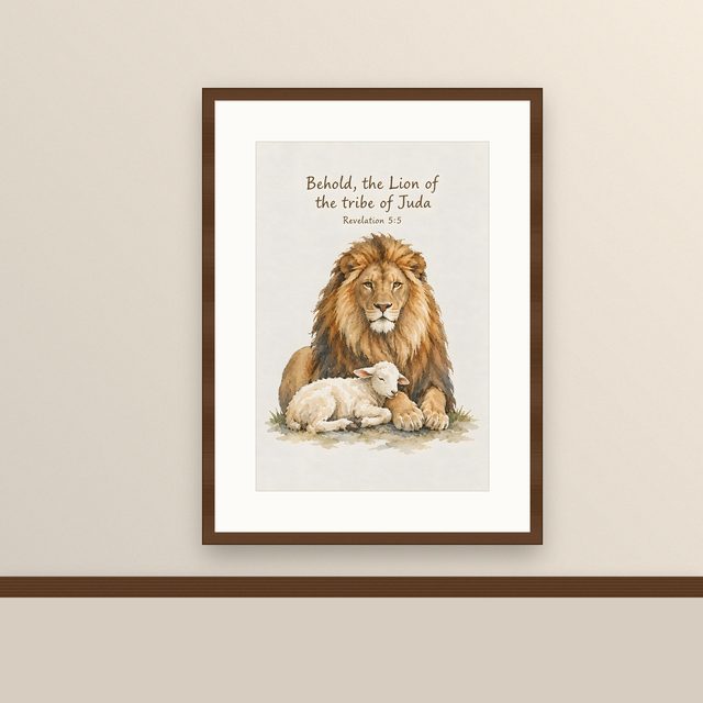Lamb of God, Revelation 5:5 watercolor print, framed on a wall