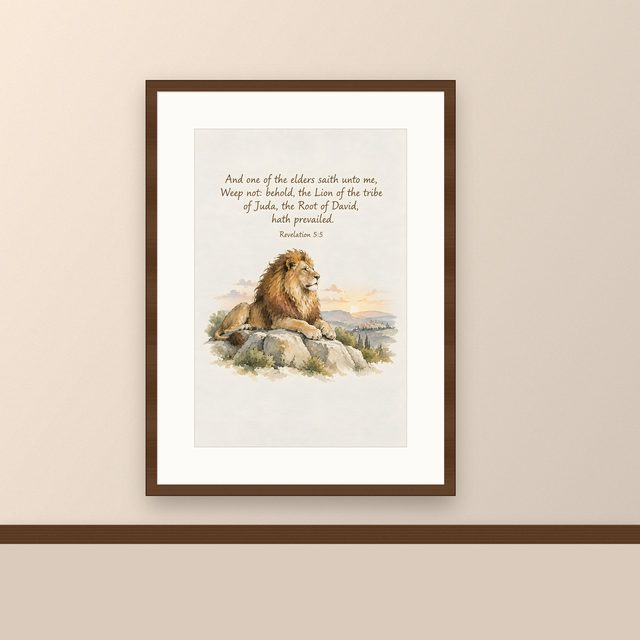 Lion of the Tribe of Judah, Revelation 5:5 watercolor print, framed on a wall