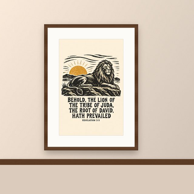 Resting at Sunrise, Revelation 5:5 watercolor print, framed on a wall