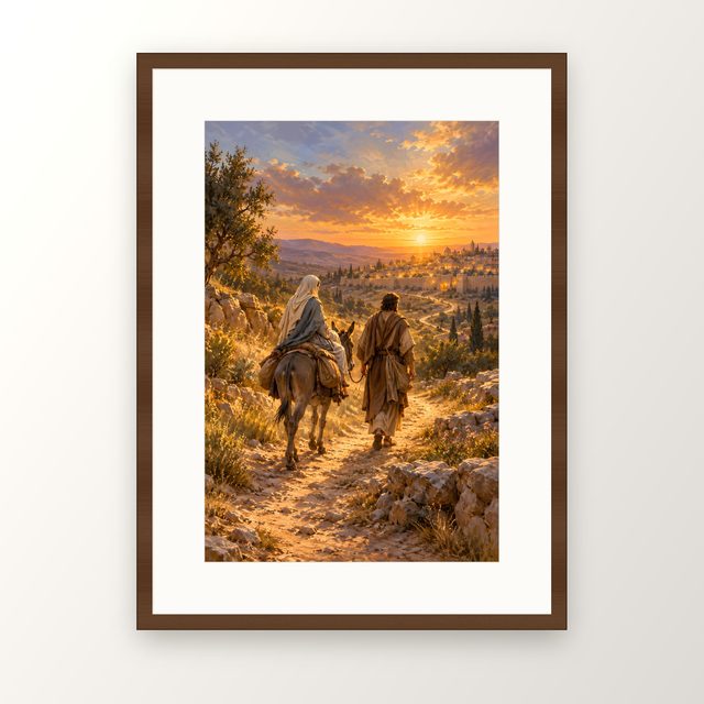 Road to Bethlehem oil-style print, in a walnut frame with a white mat