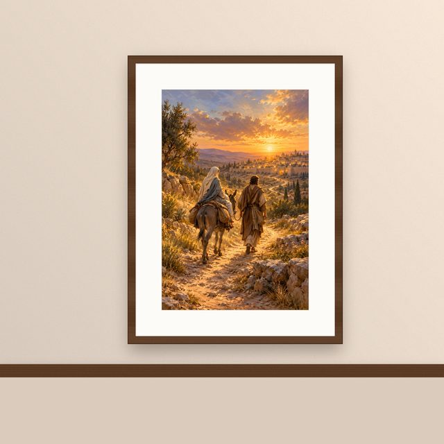 Road to Bethlehem oil-style print, framed and hung on a painted wall above a wooden ledge