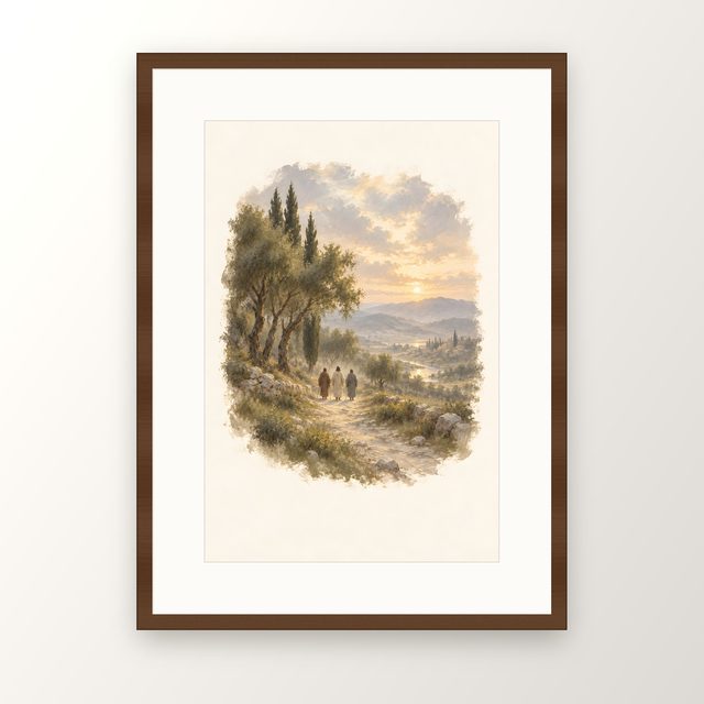 Road to Emmaus, watercolor print, framed