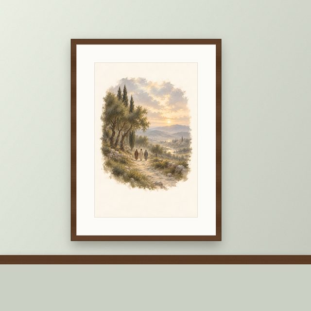 Road to Emmaus, watercolor print, framed on a wall