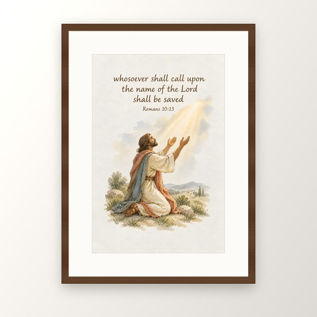 Whosoever Shall Call Upon the Name of the Lord, Romans 10:13 watercolor print, framed