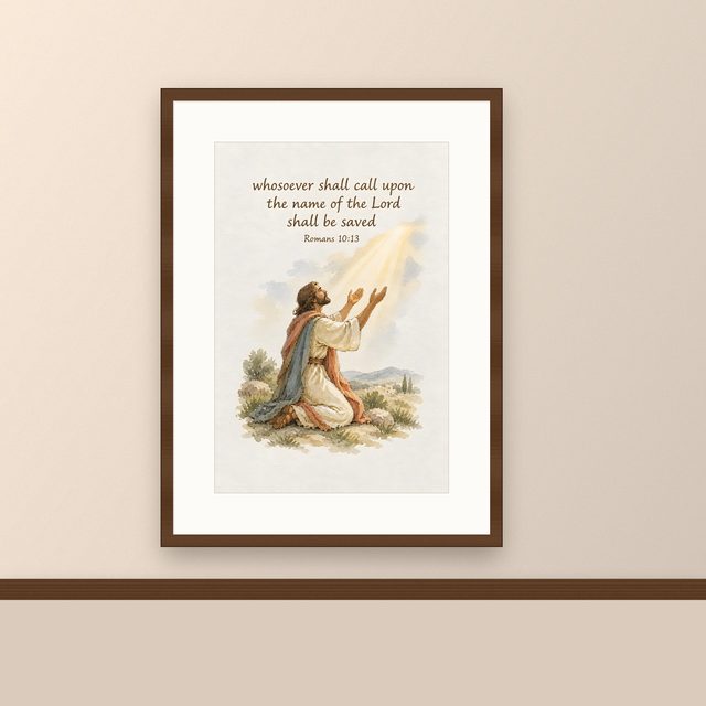 Whosoever Shall Call Upon the Name of the Lord, Romans 10:13 watercolor print, framed on a wall
