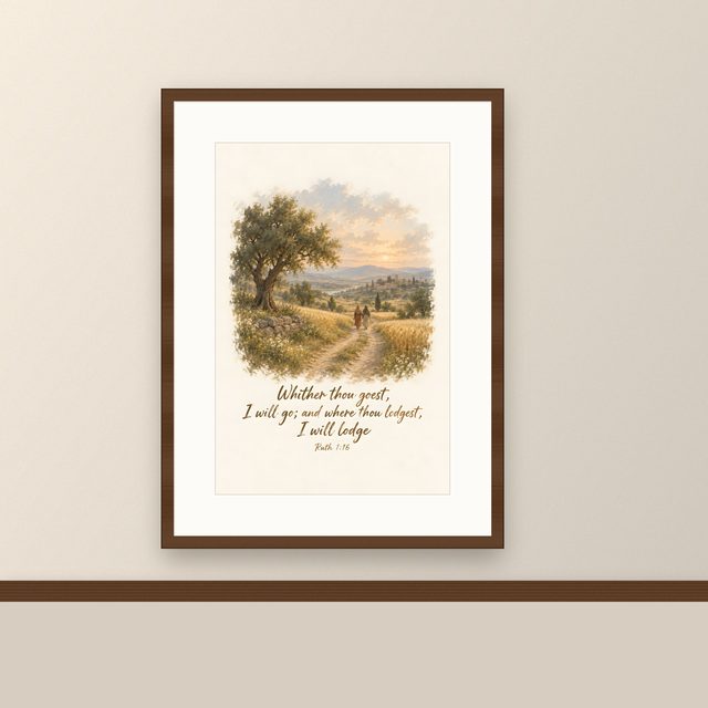 Naomi and Her Daughter, Ruth 1:16 watercolor print, framed on a wall