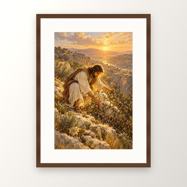 Sheep in the Thorns oil-style print, in a walnut frame with a white mat