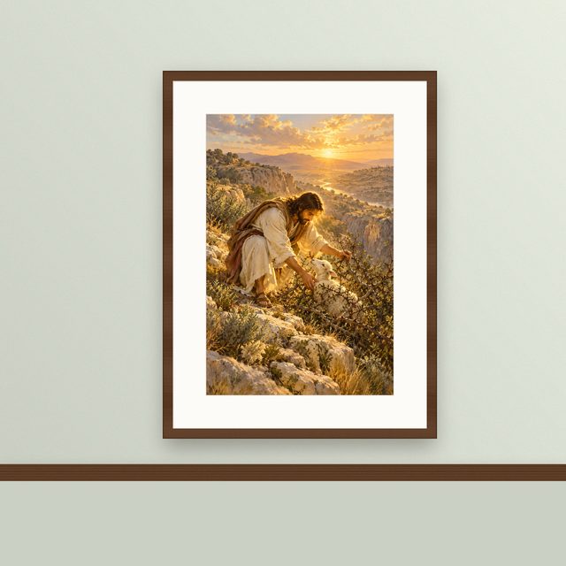 Sheep in the Thorns oil-style print, framed and hung on a painted wall above a wooden ledge