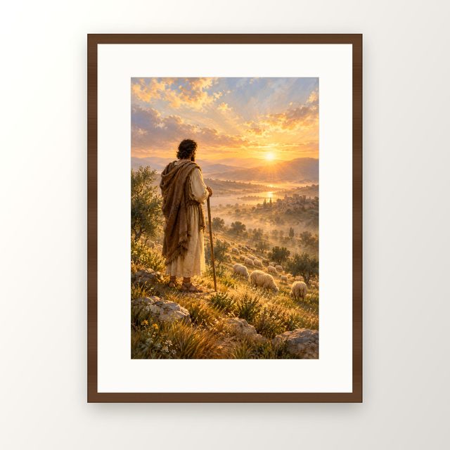 Shepherd at Dawn oil-style print, in a walnut frame with a white mat