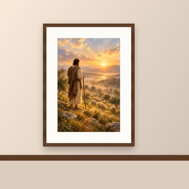 Shepherd at Dawn oil-style print, framed and hung on a painted wall above a wooden ledge