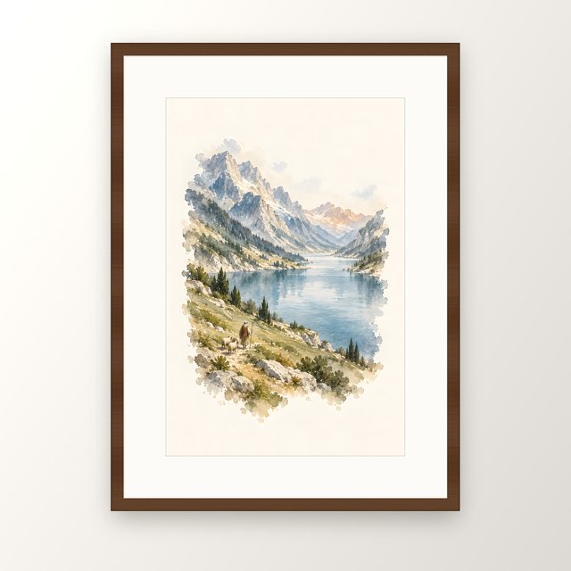 Shepherd by the Lake, watercolor print, framed