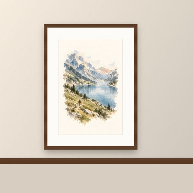 Shepherd by the Lake, watercolor print, framed on a wall