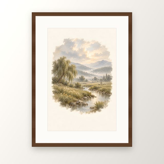 Shepherd by the Stream, watercolor print, framed
