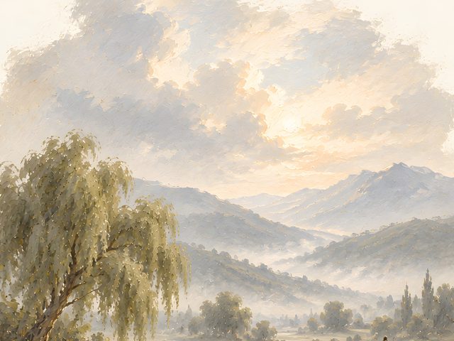 Shepherd by the Stream watercolor print, close-up of the watercolor painting