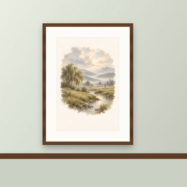 Shepherd by the Stream, watercolor print, framed on a wall