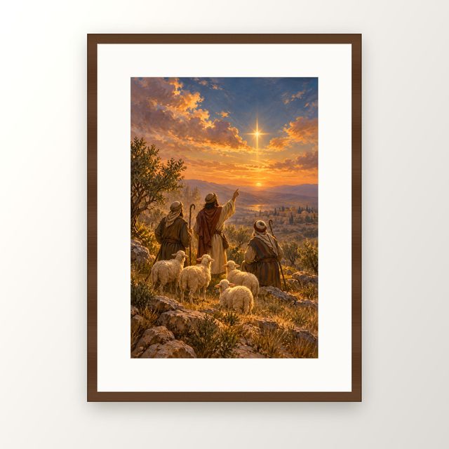 Shepherds and the Star oil-style print, in a walnut frame with a white mat