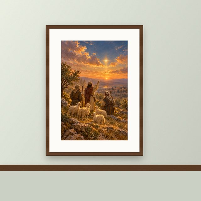 Shepherds and the Star oil-style print, framed and hung on a painted wall above a wooden ledge