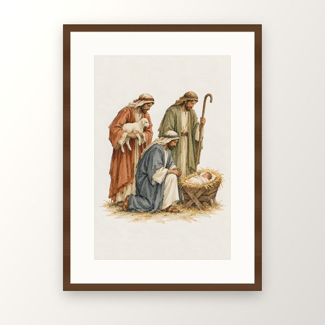 Shepherds at the Manger, watercolor print, framed