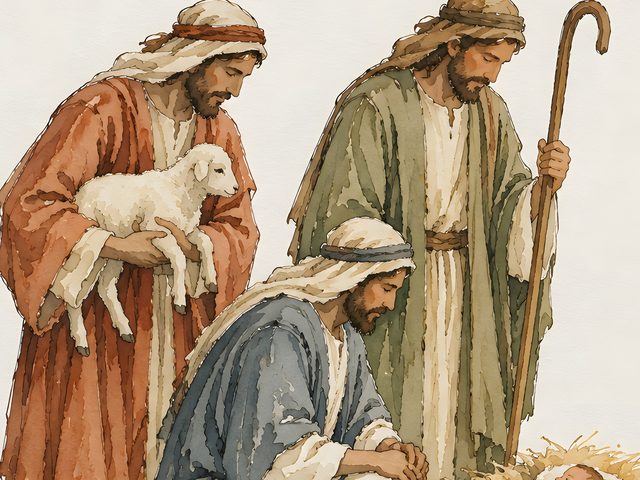 Shepherds at the Manger watercolor print, close-up of the watercolor painting
