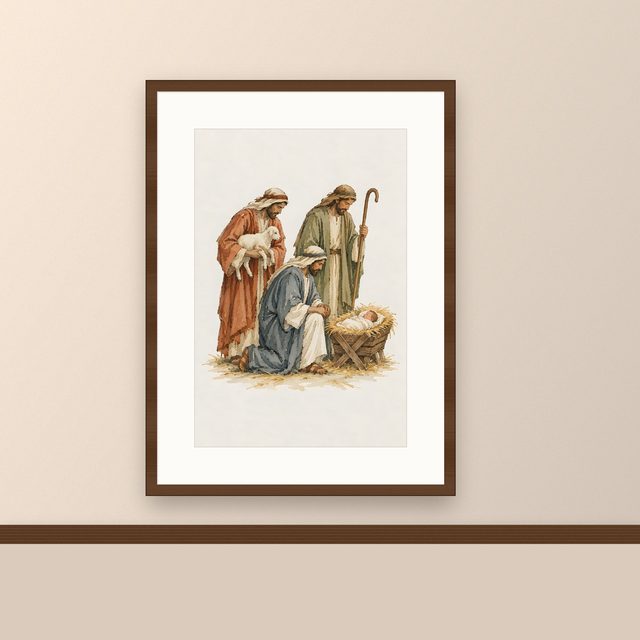Shepherds at the Manger, watercolor print, framed on a wall