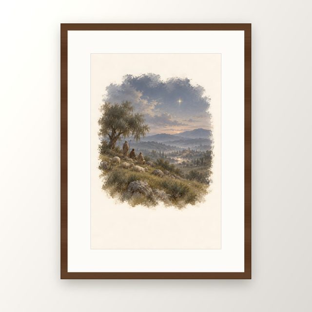 Shepherds Under the Star, watercolor print, framed