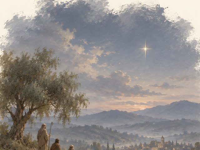 Shepherds Under the Star watercolor print, close-up of the watercolor painting
