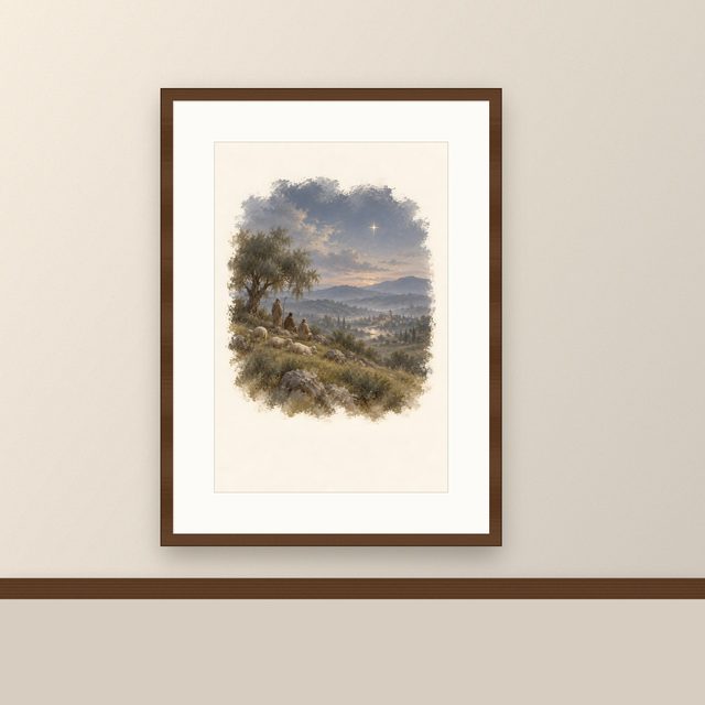 Shepherds Under the Star, watercolor print, framed on a wall