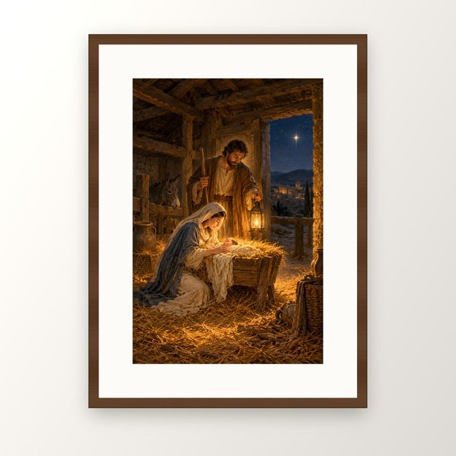 Silent Night Nativity oil-style print, in a walnut frame with a white mat