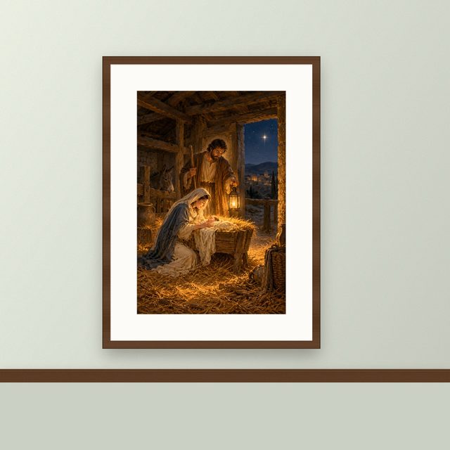 Silent Night Nativity oil-style print, framed and hung on a painted wall above a wooden ledge