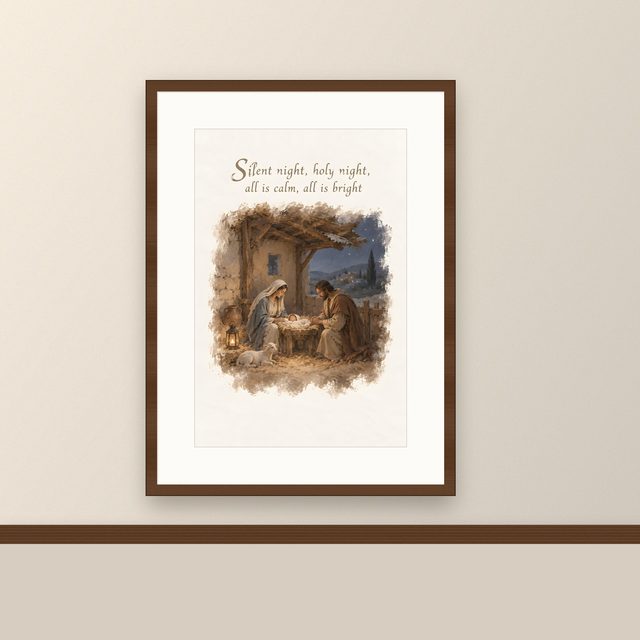 Silent Night, watercolor print, framed on a wall