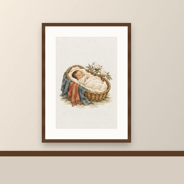 Sleeping Baby, watercolor print, framed on a wall