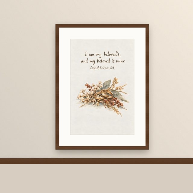 I Am My Beloved's and My Beloved Is Mine, Song of Solomon 6:3 watercolor print, framed on a wall