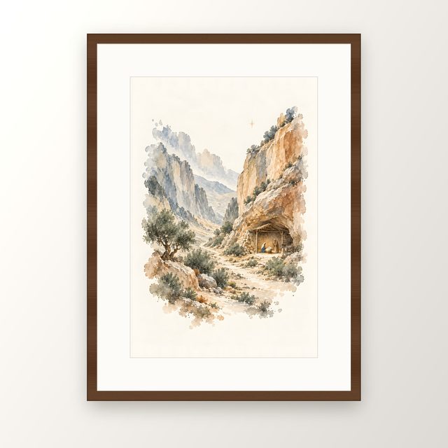 Stable in the Cliffs, watercolor print, framed