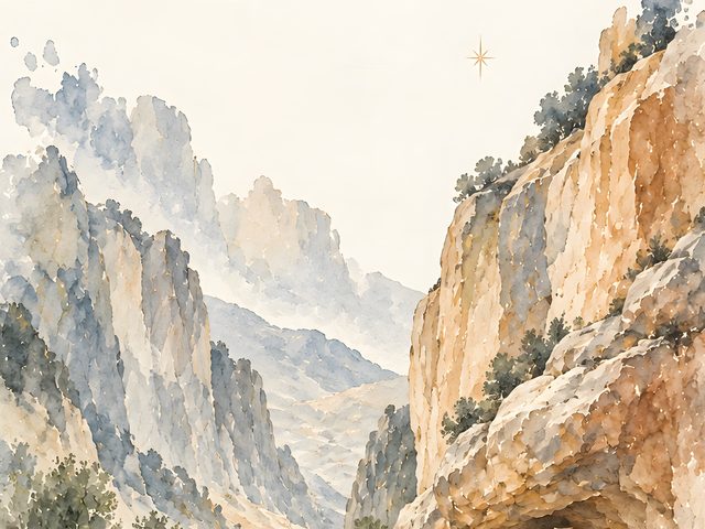 Stable in the Cliffs watercolor print, close-up of the watercolor painting