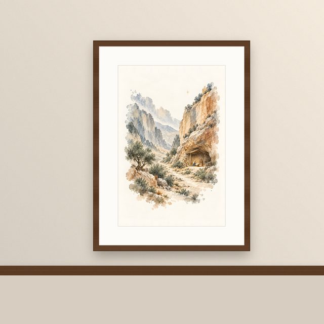 Stable in the Cliffs, watercolor print, framed on a wall