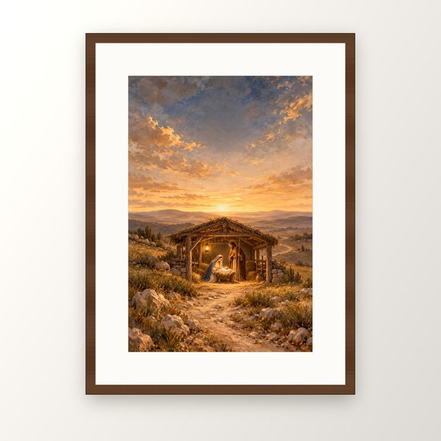 Stable on the Hill oil-style print, in a walnut frame with a white mat